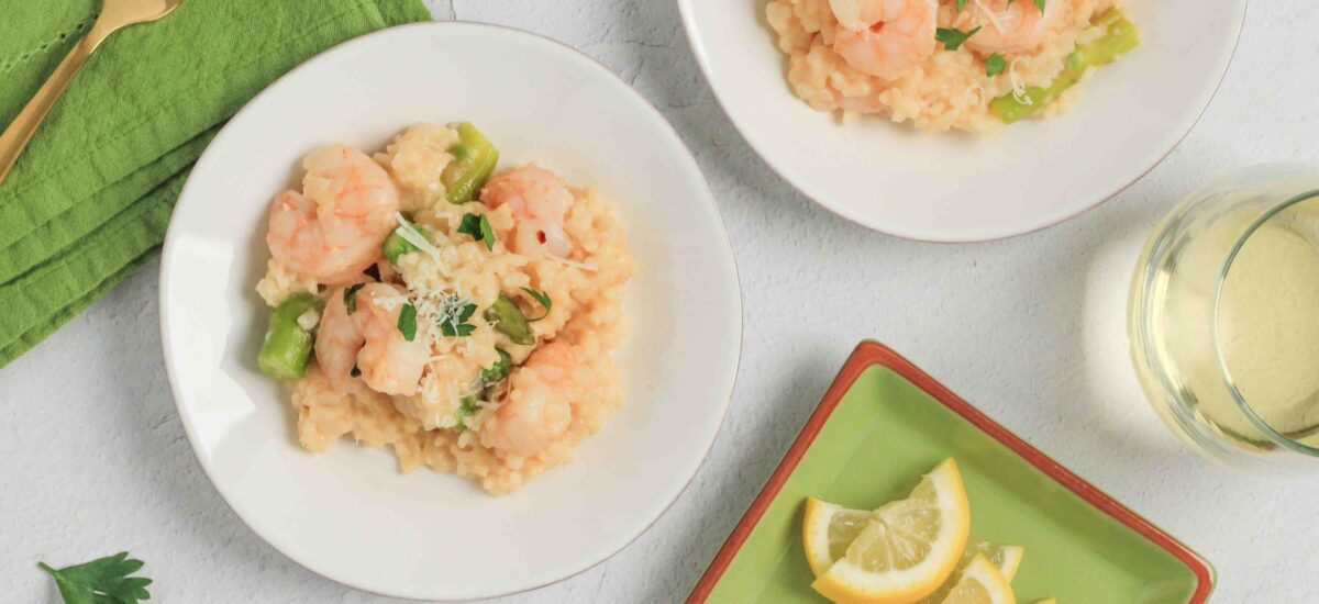 Simple Lemony Shrimp & Asparagus Baked Risotto