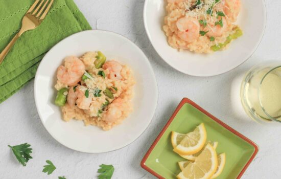 Simple Lemony Shrimp & Asparagus Baked Risotto