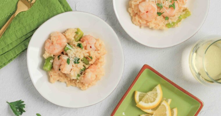 Simple Lemony Shrimp & Asparagus Baked Risotto