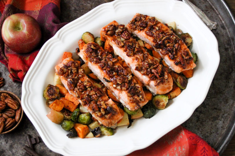 Maple Pecan Crusted Salmon Sheet Pan Dinner