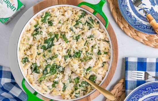30 Minute Creamy Boursin Chicken & Spinach Orzo