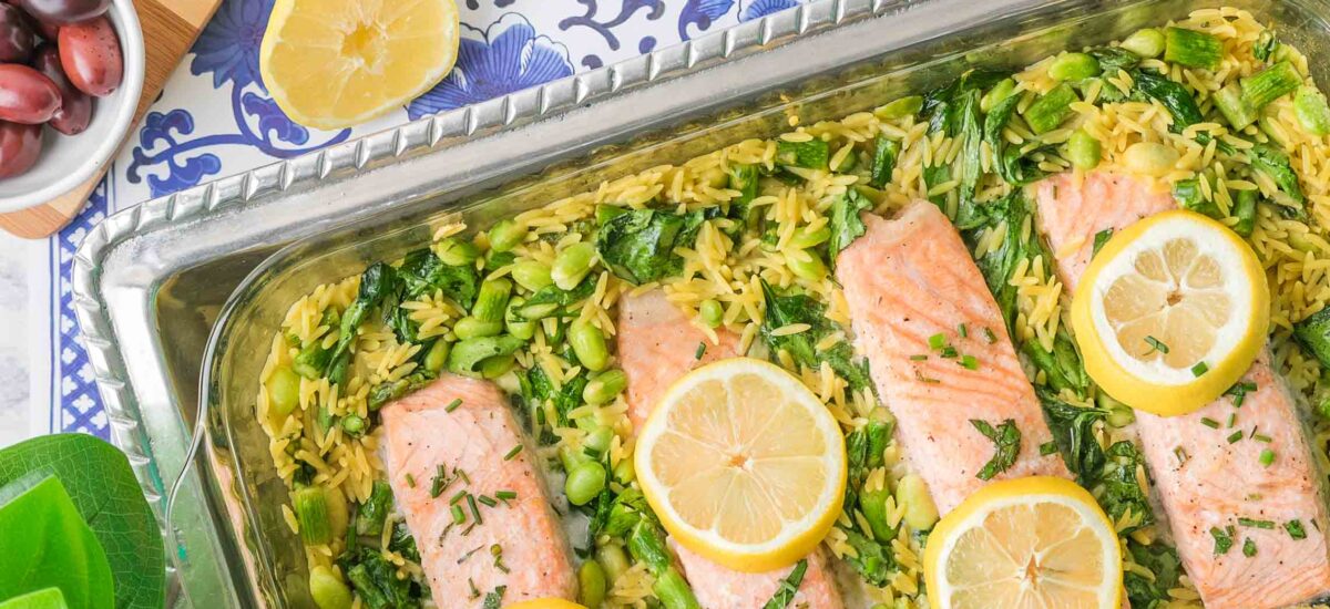 One Pan Mediterranean Salmon & Orzo Bake