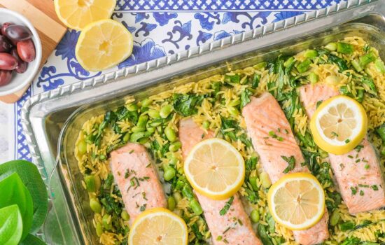One Pan Mediterranean Salmon & Orzo Bake