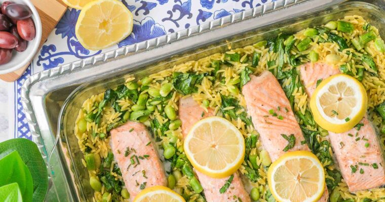 One Pan Mediterranean Salmon & Orzo Bake