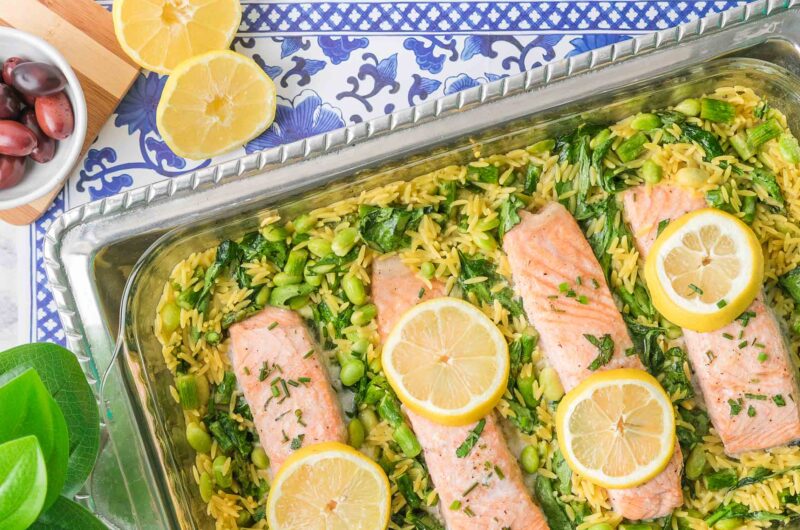 One Pan Mediterranean Salmon & Orzo Bake